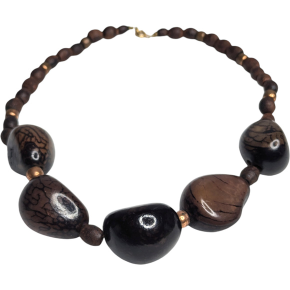Boho Dark Brown Smooth Wooden Beaded Necklace Womens Vintage Jewelry - Picture 5 of 8
